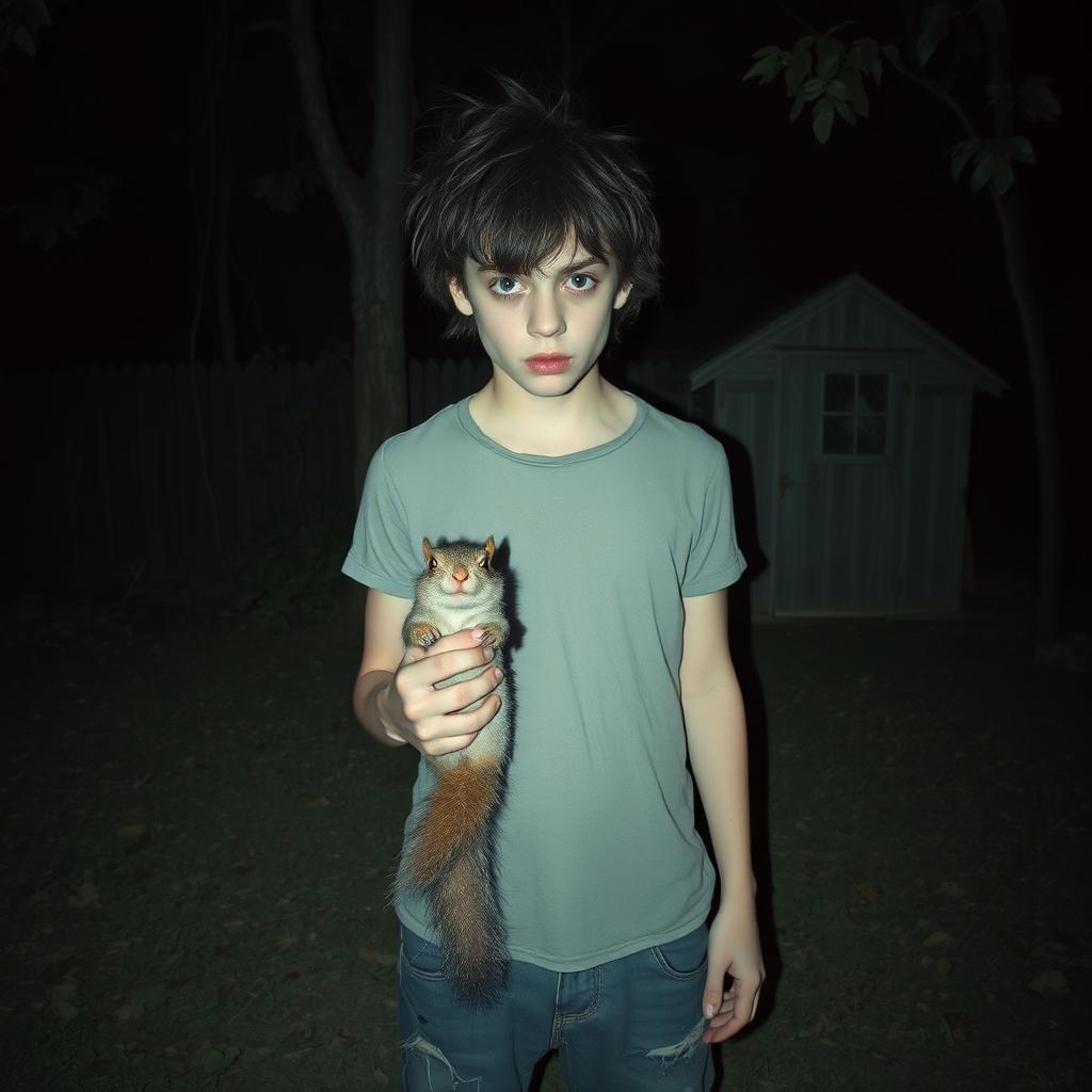 A disturbed teenager stands in a dark, overgrown backyard, clutching a lifeless squirrel in one hand and a sharp glass shard in the other