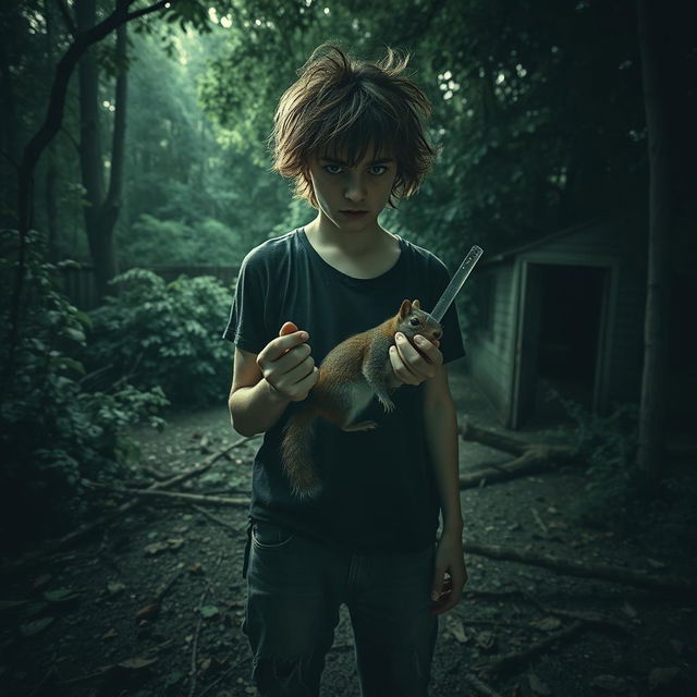 A disturbed teenager stands in a dark, overgrown backyard, clutching a lifeless squirrel in one hand and a sharp glass shard in the other