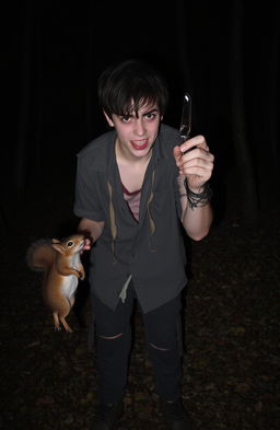 A dark and unsettling scene featuring a disturbed teenager in a dimly lit forest