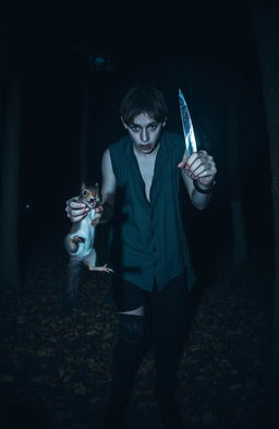 A dark and unsettling scene featuring a disturbed teenager in a dimly lit forest