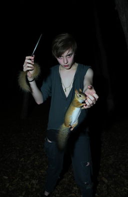 A dark and unsettling scene featuring a disturbed teenager in a dimly lit forest