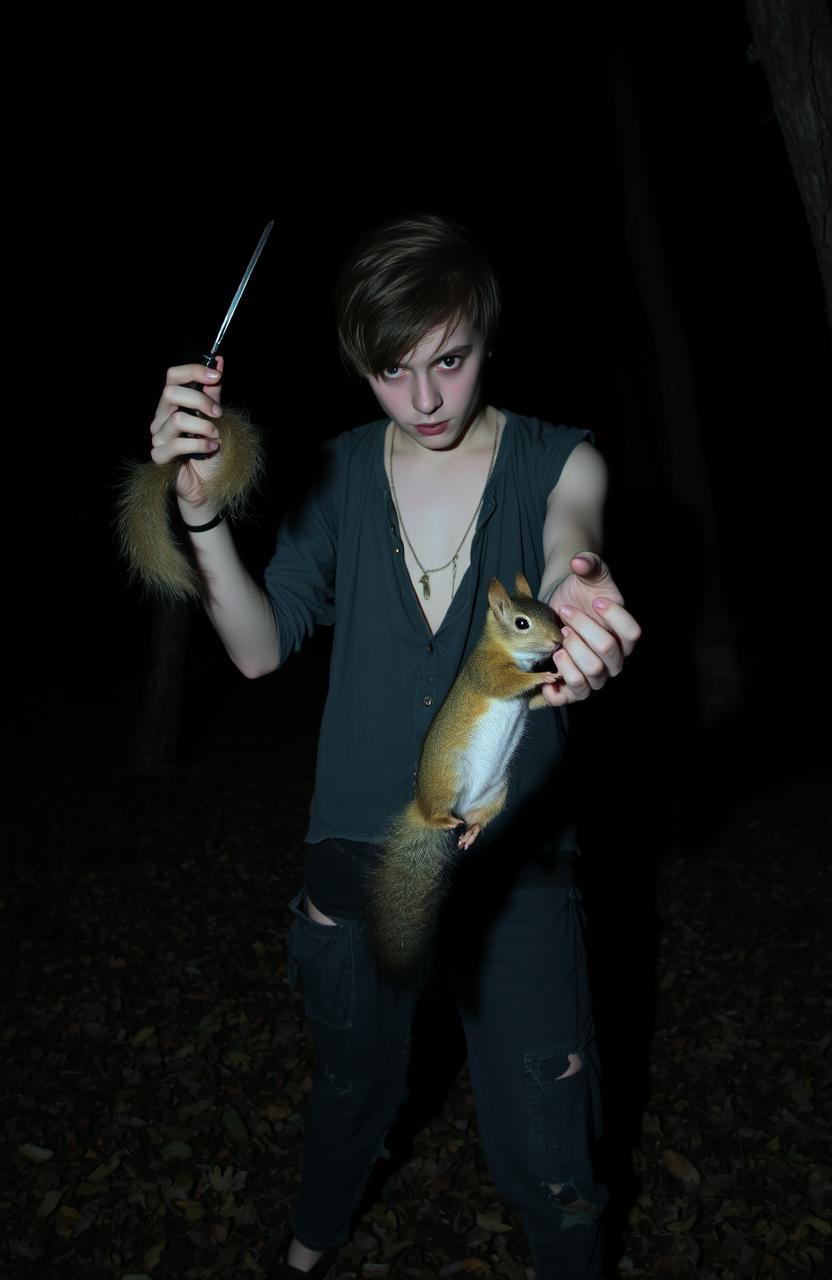 A dark and unsettling scene featuring a disturbed teenager in a dimly lit forest