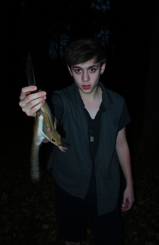 A dark and unsettling scene featuring a disturbed teenager in a dimly lit forest