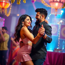 A vibrant Diwali celebration scene featuring a captivating woman in a dazzling outfit with a short skirt and bold red lipstick