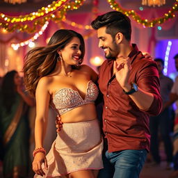 A vibrant Diwali celebration scene featuring a captivating woman in a dazzling outfit with a short skirt and bold red lipstick