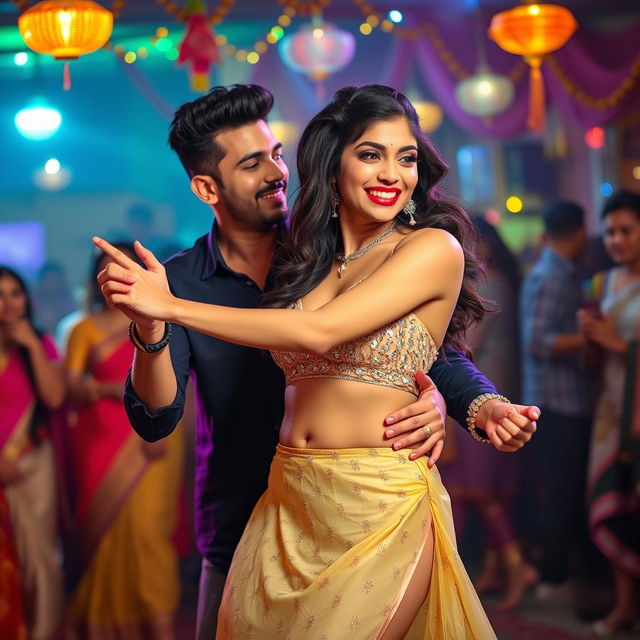 A vibrant Diwali celebration scene featuring a captivating woman in a dazzling outfit with a short skirt and bold red lipstick