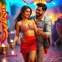 A vibrant Diwali celebration scene featuring a captivating woman in a dazzling outfit with a short skirt and bold red lipstick