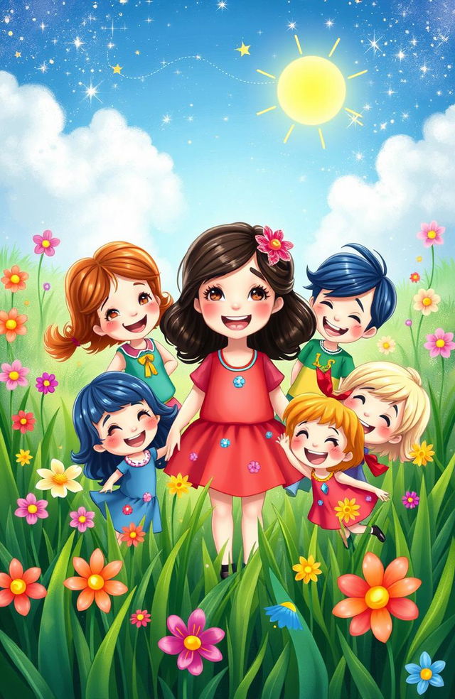 A colorful and whimsical scene featuring a girl named Elliegrace surrounded by ten cheerful little friends