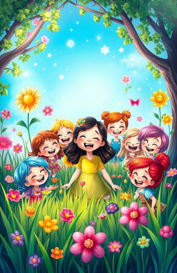 A colorful and whimsical scene featuring a girl named Elliegrace surrounded by ten cheerful little friends