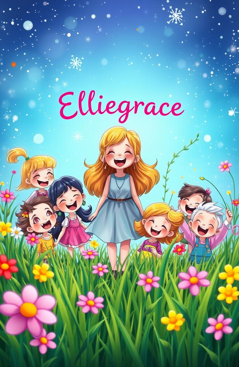 A colorful and whimsical scene featuring a girl named Elliegrace surrounded by ten cheerful little friends