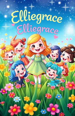 A colorful and whimsical scene featuring a girl named Elliegrace surrounded by ten cheerful little friends