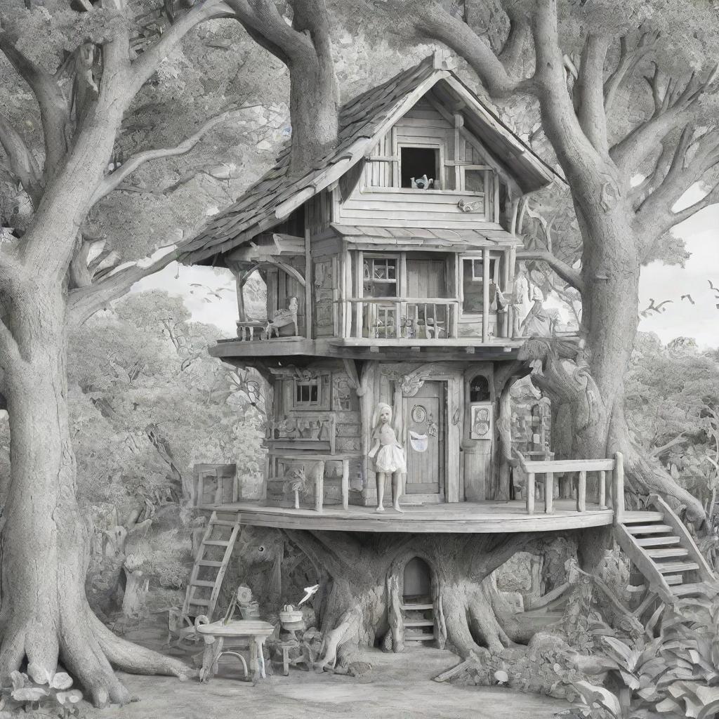 Two-dimensional, black and white cartoon-style colouring page of a Down syndrome Barbie fairy living in paradise in a big treehouse alongside many different animals.