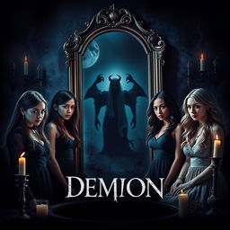 A dramatic film poster showcasing four diverse young women, each with unique styles, gathered in an atmospheric, dimly lit room in front of an ornate, full-length mirror