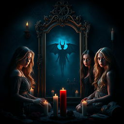 A dramatic film poster showcasing four diverse young women, each with unique styles, gathered in an atmospheric, dimly lit room in front of an ornate, full-length mirror