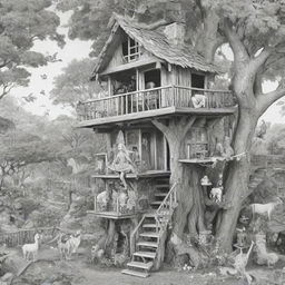 Two-dimensional, black and white cartoon-style colouring page of a Down syndrome Barbie fairy living in paradise in a big treehouse alongside many different animals.