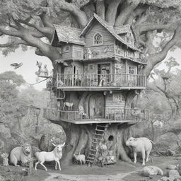 Two-dimensional, black and white cartoon-style colouring page of a Down syndrome Barbie fairy living in paradise in a big treehouse alongside many different animals.