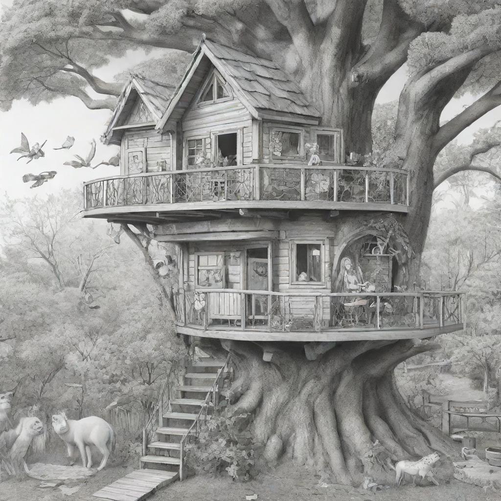 Two-dimensional, black and white cartoon-style colouring page of a Down syndrome Barbie fairy living in paradise in a big treehouse alongside many different animals.