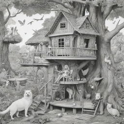 Two-dimensional, black and white cartoon-style colouring page of a Down syndrome Barbie fairy living in paradise in a big open treehouse alongside many different animals.