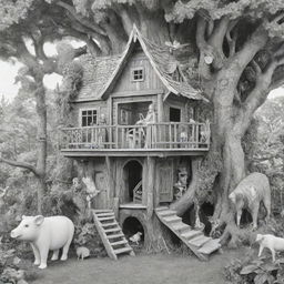 Two-dimensional, black and white cartoon-style colouring page of a Down syndrome Barbie fairy living in paradise in a big open treehouse alongside many different animals.