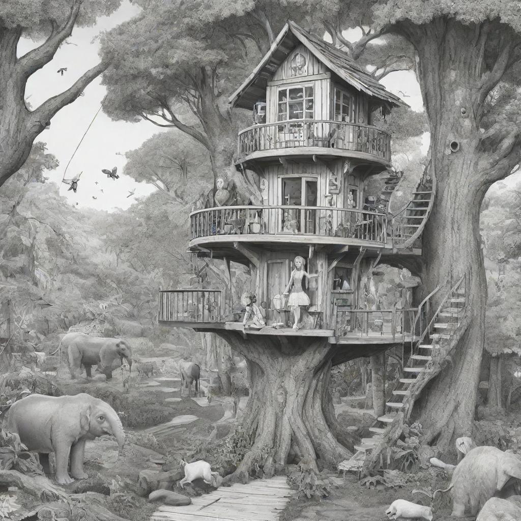 Two-dimensional, black and white cartoon-style colouring page of a Down syndrome Barbie fairy living in paradise in a big open treehouse alongside many different animals.