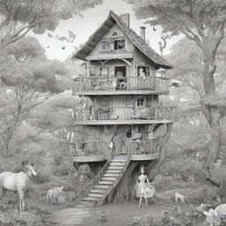 Two-dimensional, black and white cartoon-style colouring page of a Down syndrome Barbie fairy living in paradise in a big open treehouse alongside many different animals.