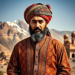 A regal portrait of Shah Mahmud Hotaki, the Pashtun leader, showcasing him in traditional Afghan attire adorned with intricate patterns