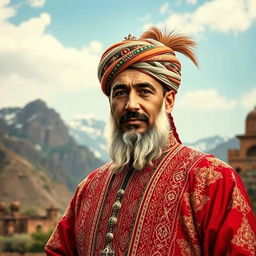 A regal portrait of Shah Mahmud Hotaki, the Pashtun leader, showcasing him in traditional Afghan attire adorned with intricate patterns