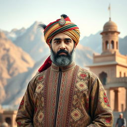 A regal portrait of Shah Mahmud Hotaki, the Pashtun leader, showcasing him in traditional Afghan attire adorned with intricate patterns