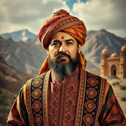 A regal portrait of Shah Mahmud Hotaki, the Pashtun leader, showcasing him in traditional Afghan attire adorned with intricate patterns