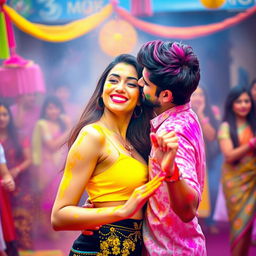 A vibrant Holi celebration scene featuring a stunning woman with red lipstick and a stylish short skirt