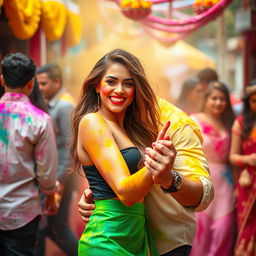A vibrant Holi celebration scene featuring a stunning woman with red lipstick and a stylish short skirt