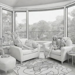 Two-dimensional, black and white cartoon-style colouring page of a Down syndrome Barbie fairy in paradise, in a big open sitting room in a treehouse, alongside a monkey with glasses on a couch, looking out a large window at an elephant and giraffe outside.