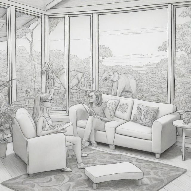 Two-dimensional, black and white cartoon-style colouring page of a Down syndrome Barbie fairy in paradise, in a big open sitting room in a treehouse, alongside a monkey with glasses on a couch, looking out a large window at an elephant and giraffe outside.