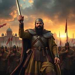 A dramatic historical scene depicting Shah Mahmud Hotak, the Afghan ruler and military leader, commanding his forces during the siege of Isfahan