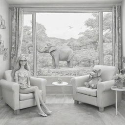 Two-dimensional, black and white cartoon-style colouring page of a Down syndrome Barbie fairy in paradise, in a big open sitting room in a treehouse, alongside a monkey with glasses on a couch, looking out a large window at an elephant and giraffe outside.