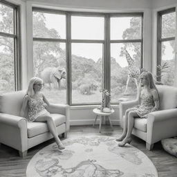 Two-dimensional, black and white cartoon-style colouring page of a Down syndrome Barbie fairy in paradise, in a big open sitting room in a treehouse, alongside a monkey with glasses on a couch, looking out a large window at an elephant and giraffe outside.