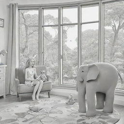 Two-dimensional, black and white cartoon-style colouring page of a Down syndrome Barbie fairy in paradise, in a big open sitting room in a treehouse, interacting with a grey monkey and looking out a large window at an elephant and giraffe outside.