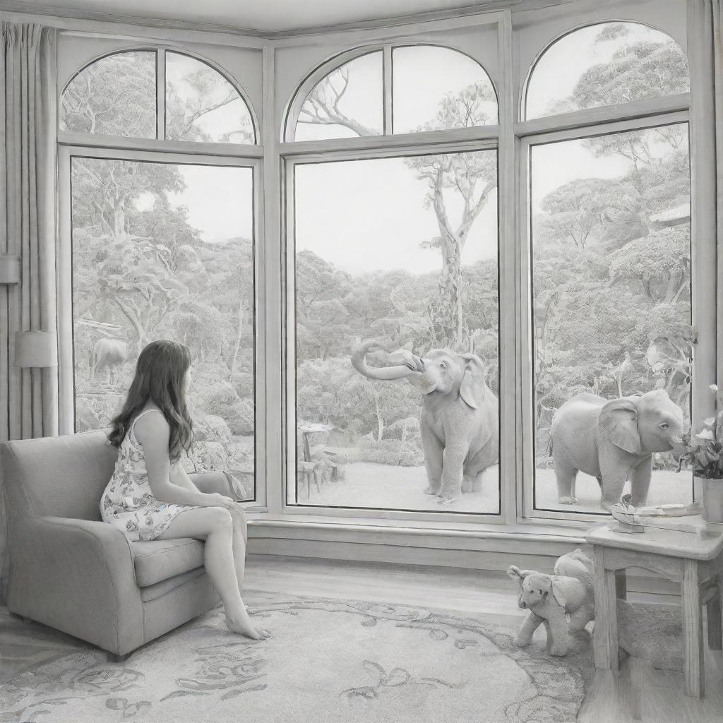 Two-dimensional, black and white cartoon-style colouring page of a Down syndrome Barbie fairy in paradise, in a big open sitting room in a treehouse, interacting with a grey monkey and looking out a large window at an elephant and giraffe outside.