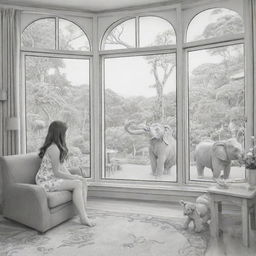 Two-dimensional, black and white cartoon-style colouring page of a Down syndrome Barbie fairy in paradise, in a big open sitting room in a treehouse, interacting with a grey monkey and looking out a large window at an elephant and giraffe outside.