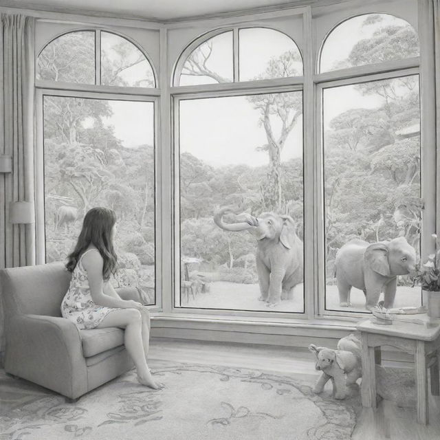 Two-dimensional, black and white cartoon-style colouring page of a Down syndrome Barbie fairy in paradise, in a big open sitting room in a treehouse, interacting with a grey monkey and looking out a large window at an elephant and giraffe outside.