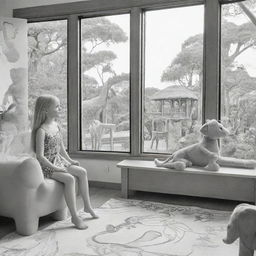 Two-dimensional, black and white cartoon-style colouring page of a Down syndrome Barbie fairy in paradise, in a big open sitting room in a treehouse, interacting with a grey monkey and looking out a large window at an elephant and giraffe outside.