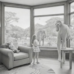 Two-dimensional, black and white cartoon-style colouring page of a Down syndrome Barbie fairy in paradise, in a big open sitting room in a treehouse, interacting with a grey monkey and looking out a large window at an elephant and giraffe outside.