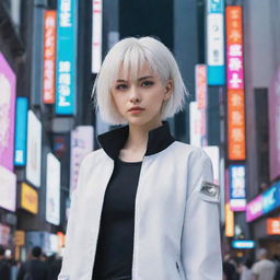 Anime girl with short white hair, standing in a cyberpunk-style Tokyo scenery