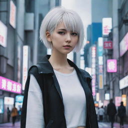 Anime girl with short white hair, standing in a cyberpunk-style Tokyo scenery