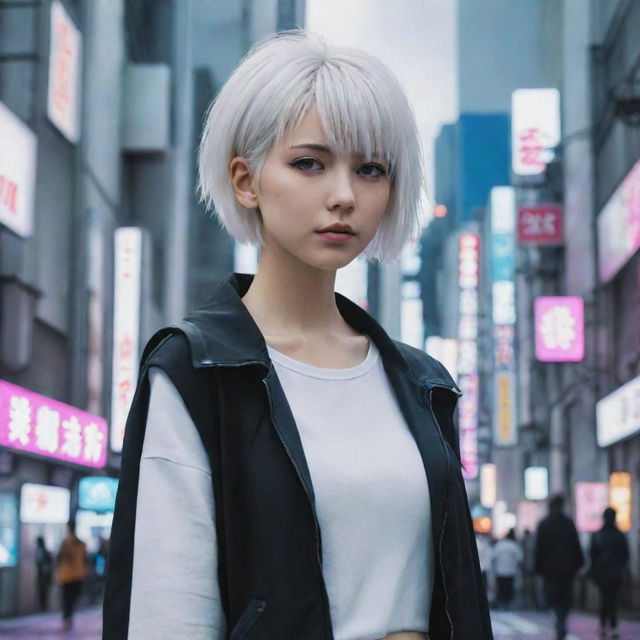 Anime girl with short white hair, standing in a cyberpunk-style Tokyo scenery