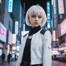 Anime girl with short white hair, standing in a cyberpunk-style Tokyo scenery