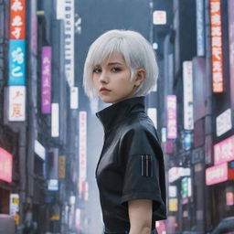 Anime girl with short white hair, standing in a cyberpunk-style Tokyo scenery