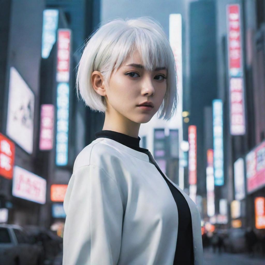 A cyberpunk style anime girl with short white hair, standing amidst the futuristic scenery of Tokyo.