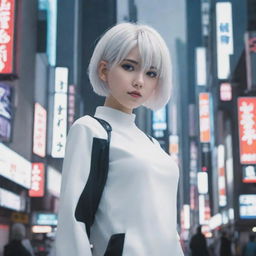 A cyberpunk style anime girl with short white hair, standing amidst the futuristic scenery of Tokyo.