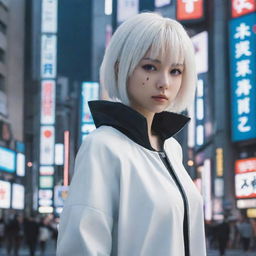 A cyberpunk style anime girl with short white hair, standing amidst the futuristic scenery of Tokyo.